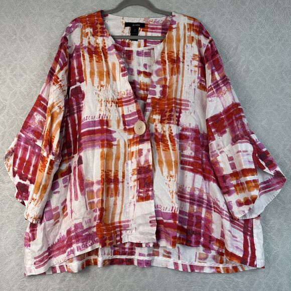 Ali Miles Linen Blazer Jacket Size 3X Pink Abstract Tulip Sleeve Artsy Lagenlook - Picture 3 of 14